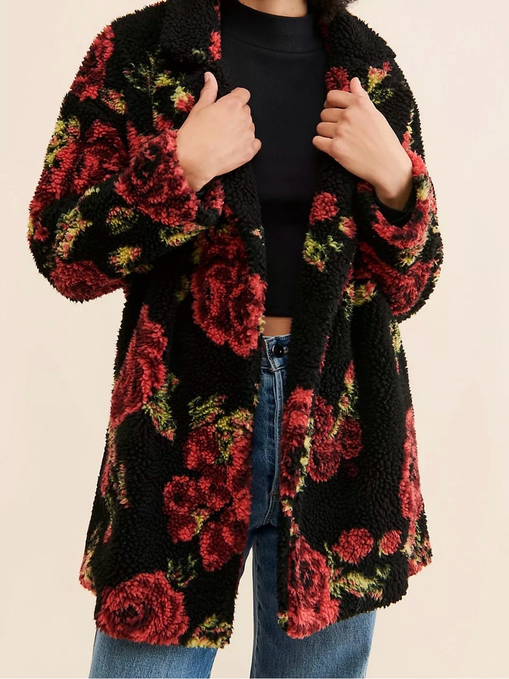 Anthropologie If By Sea Winter Roses Floral Black Coat